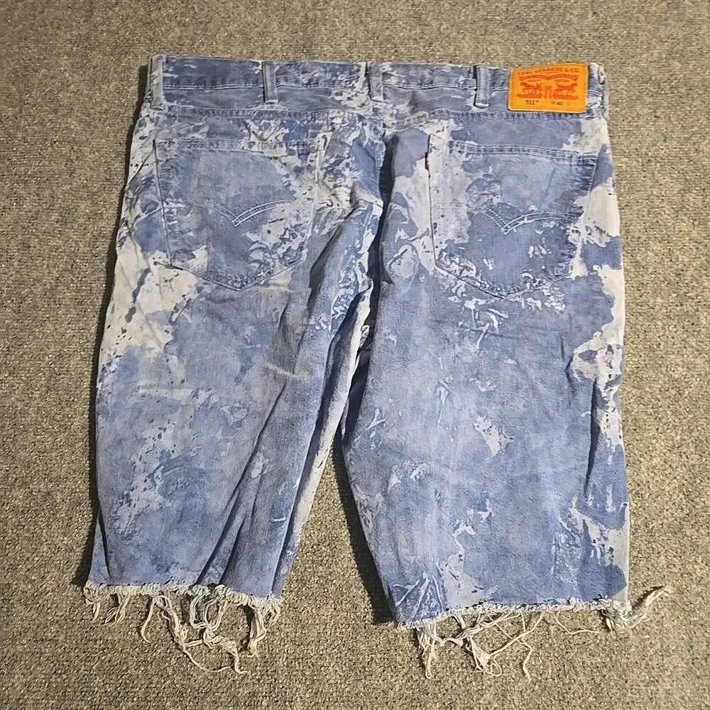 Levis 511 Denim Shorts Mens 40 Blue Bleached Tie-Dye Stretch Cut-Offs